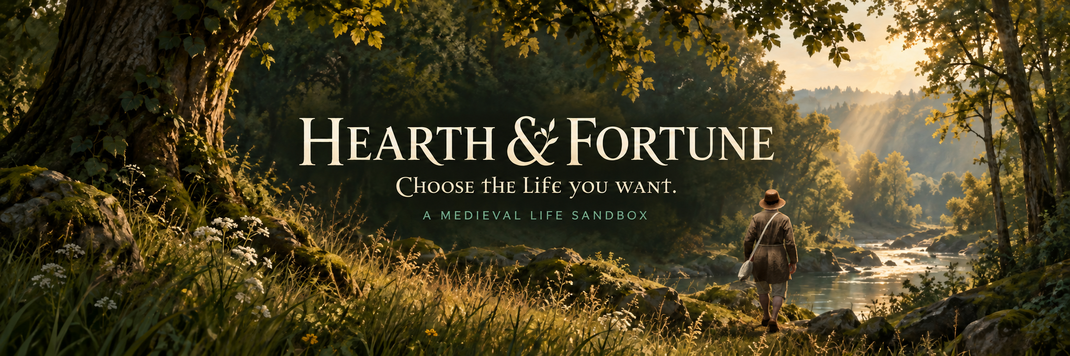 Hearth & Fortune. Choose the life you want. A traveler walks away beside a sunlit woodland river.