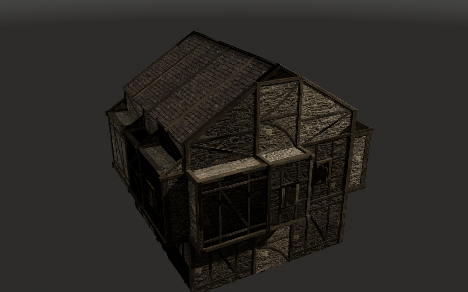 Work-in-progress stone-and-timber house asset preview, not gameplay