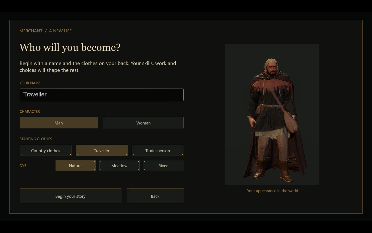 Hearth & Fortune Unity character creation screen