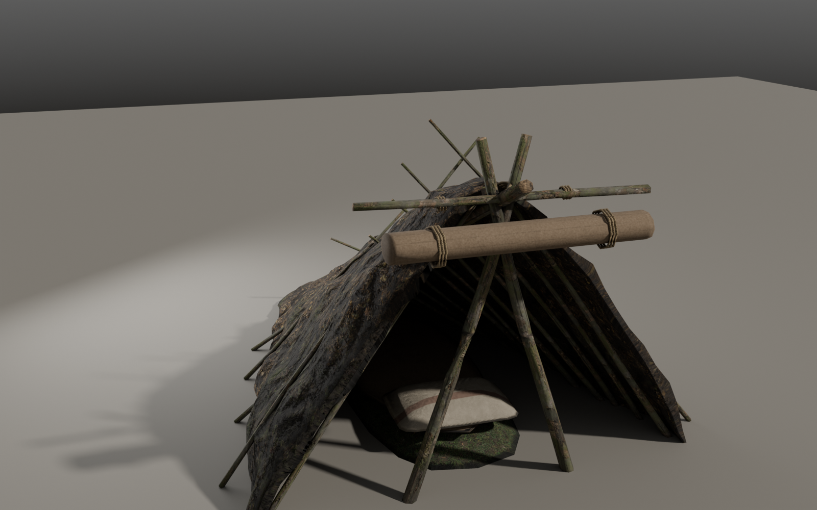 Work-in-progress small shelter asset with visible bedding