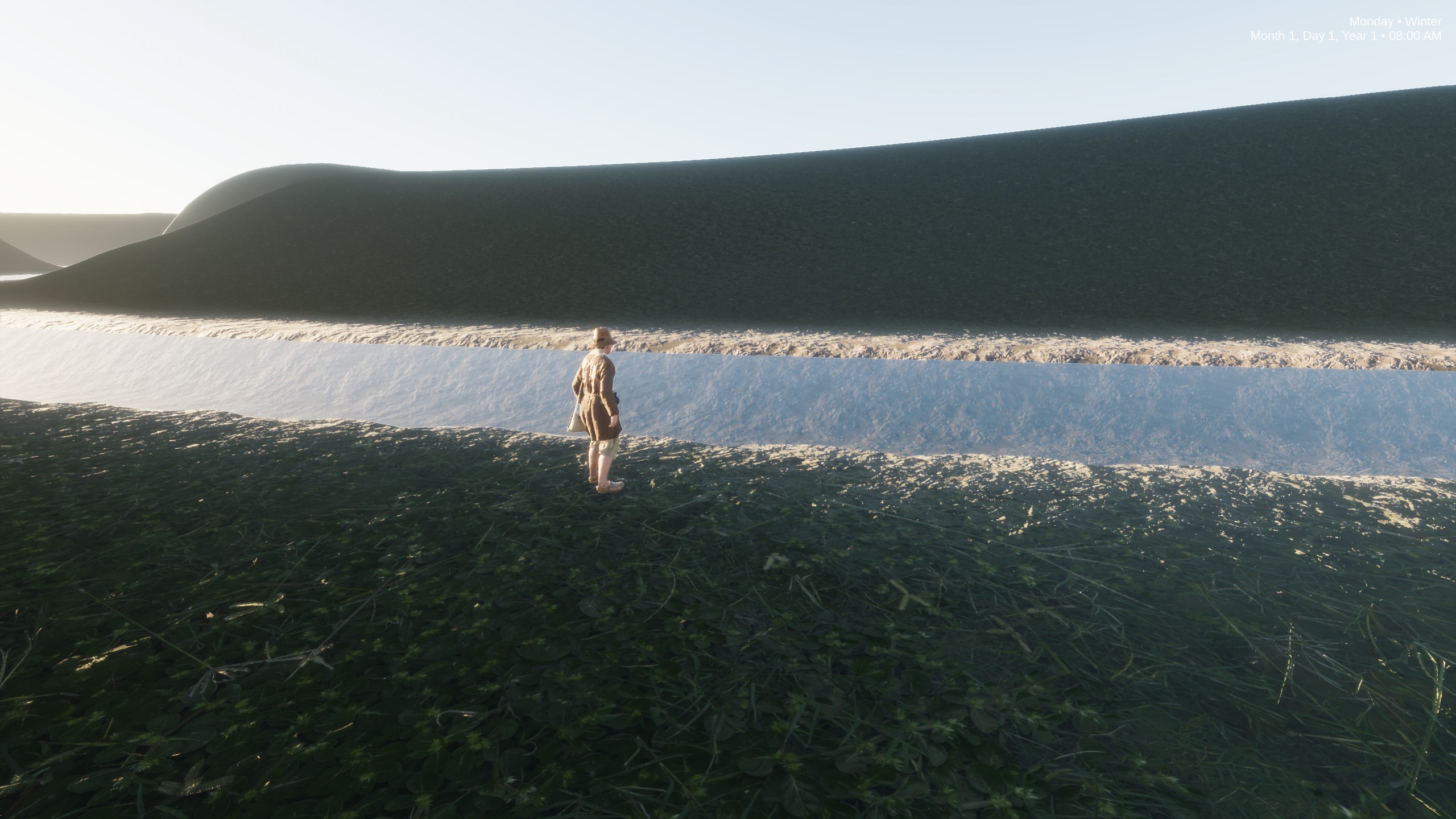 An early Hearth & Fortune prototype with a character beside water and simple terrain