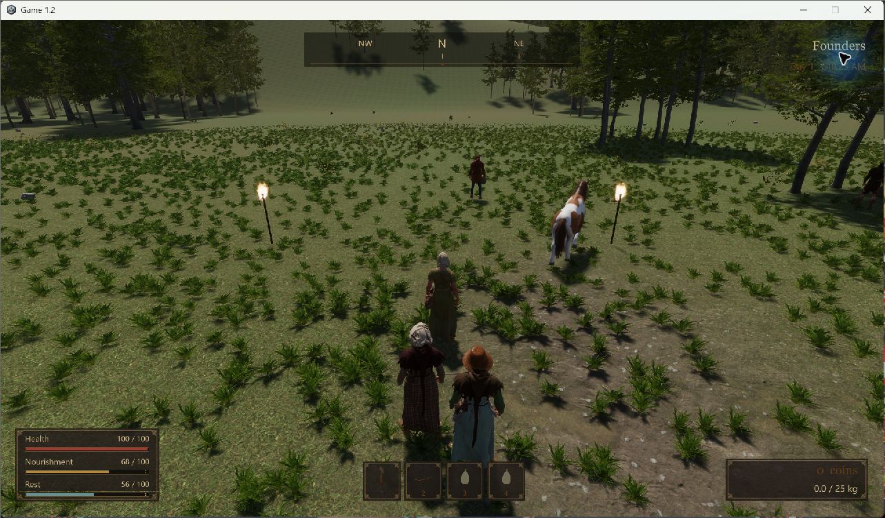 An early Unity Hearth & Fortune build with villagers, horse and survival interface