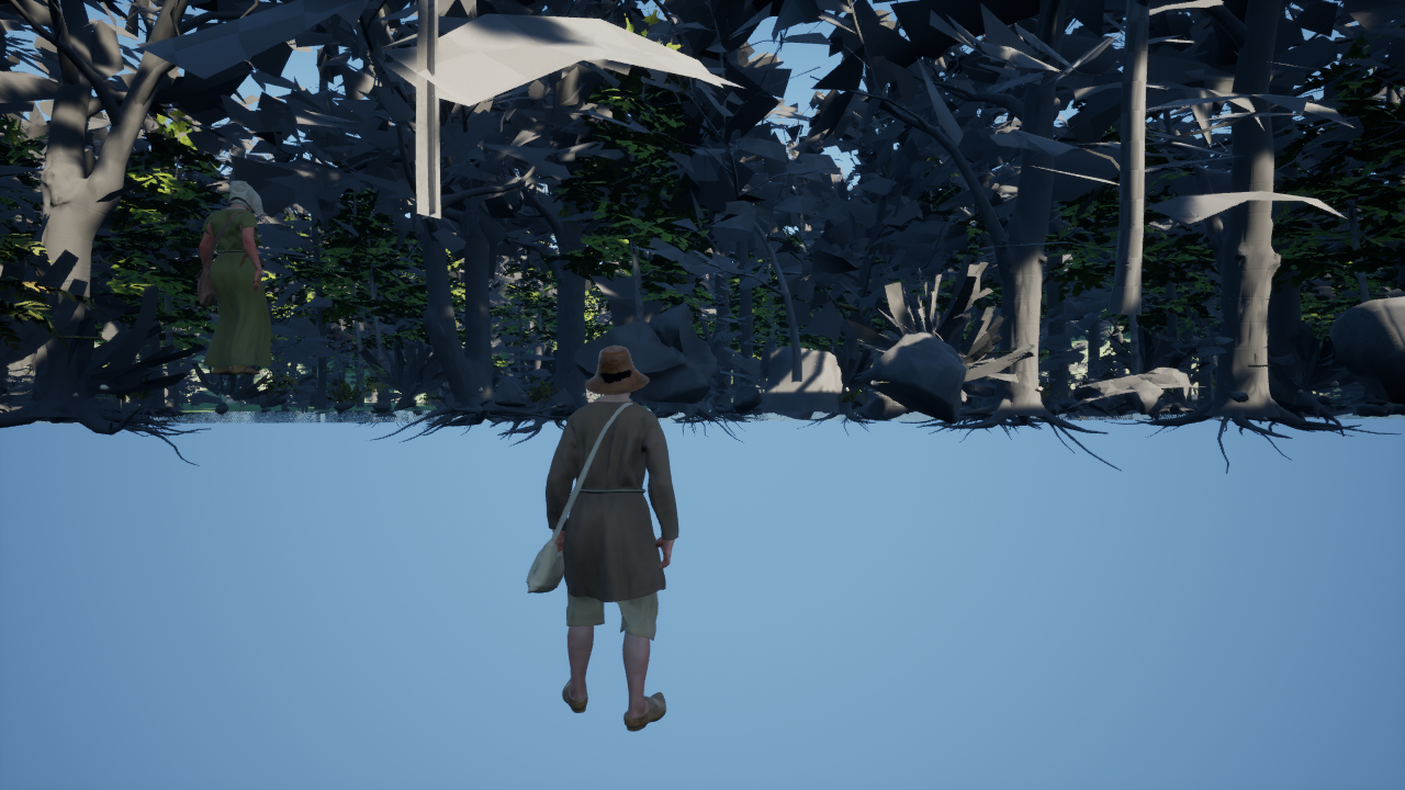 First Unreal Hearth & Fortune round showing the character among broken grey foliage shards