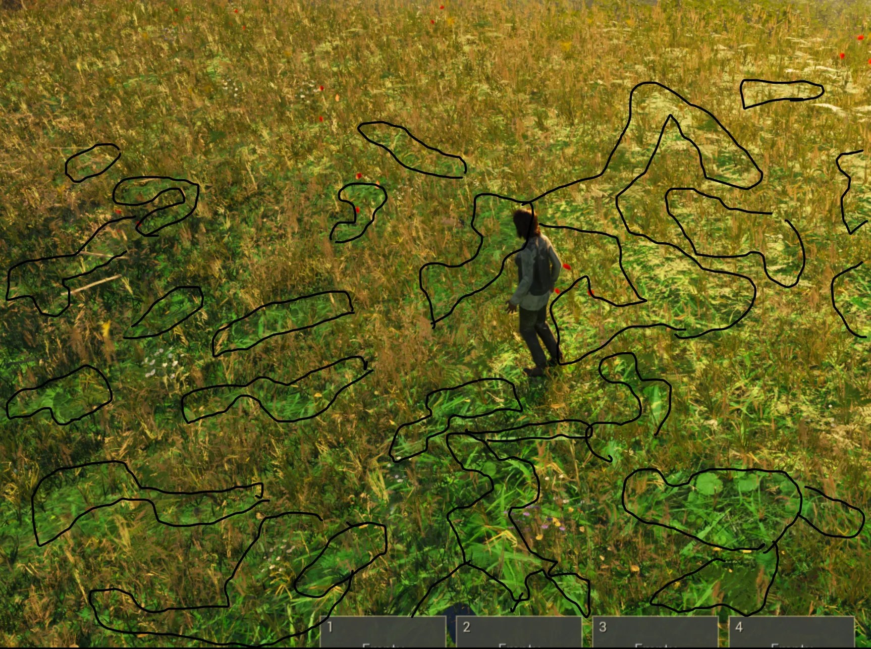 Earlier Hearth and Fortune playtest image with Jim's black outlines marking flat-looking patches between grass